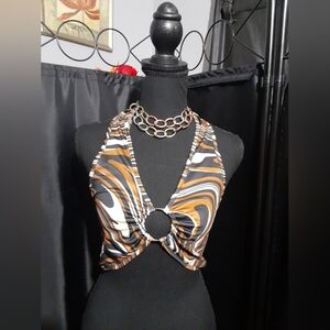 SHEIN Halter Top Black and Brown Swirl Crop Top Women's M Summer Beach Vaca